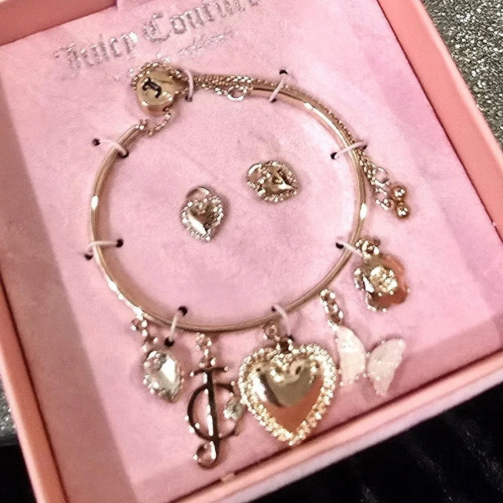 Juicy Couture Gold Charm Bracelet and Heart‎ Locket EarringSet
